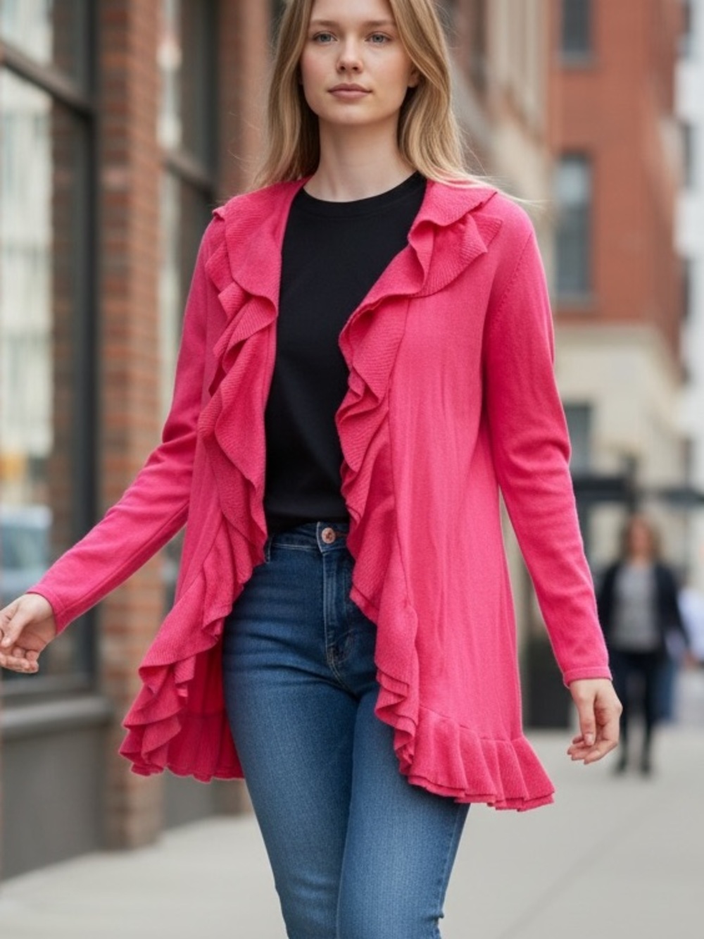 INC Macys Ruffled Open-Front Women's Cardigan Bright Pink small EUC